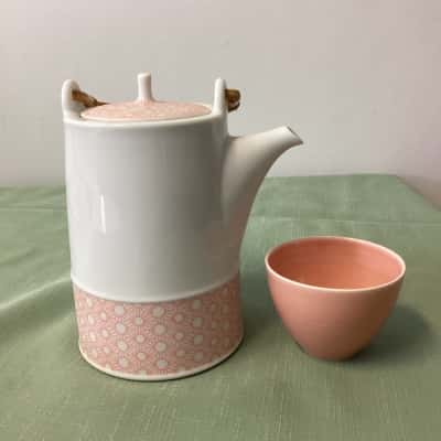 Vintage Japanese Sake Set with Bamboo Handle - Pink & White Ceramic