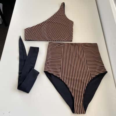 Baiia Beige Black Striped One Shoulder Bikini Top And Shorts Size 16