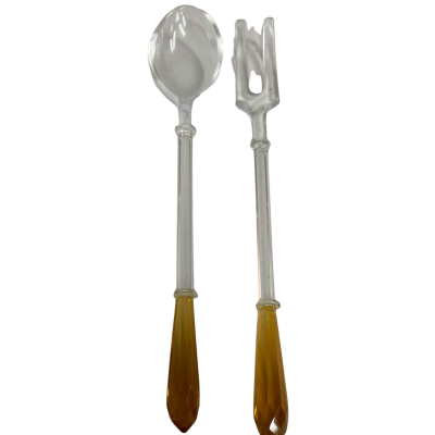 Clear Crystal Salad Serving Set, Spoon and Fork With Amber handles 