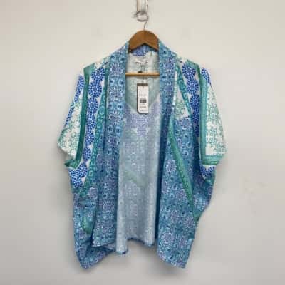 W-Lane Green Blue Beaded Tile Kimono Open Front Cardigan  Size 14 
