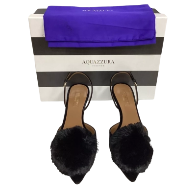  NEW - Aquazzura Velvet Powder Puff Sling Size 38 Heels Black  