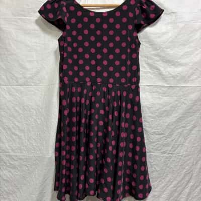 Princess Highway, Womens, Size 6, black dress with dark purple polka dots and shoulder ruffles