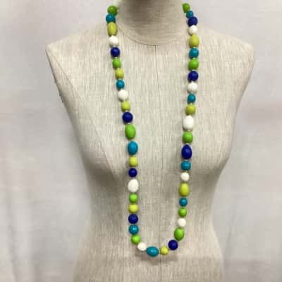  Long Beaded Necklace Blue / Green / White 