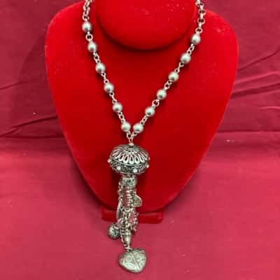 Women’s Vintage Silver-Toned Filigree Necklace with Tassel Charms