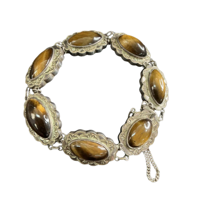  Womens Vintage Silver (stamped) Tiger eye Beaded Bracelet Brown / Silver 