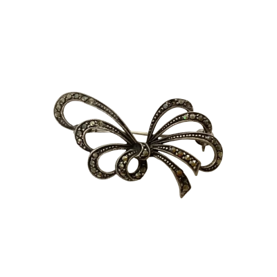 Art Deco Marcasite 935 Sterling Silver Bow Shaped Brooch Silver 