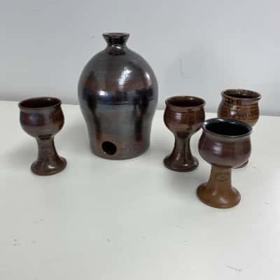 Bendigo Pottery Epsom Stoneware Wine Jug With 6 Goblets