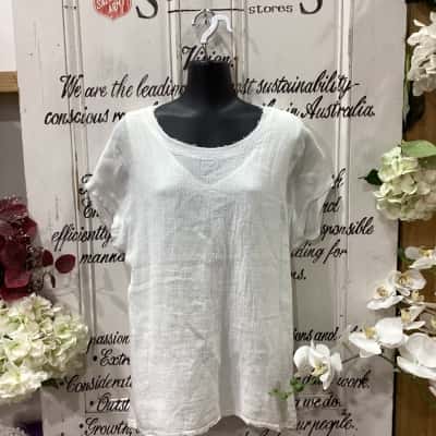 IMAGINE BRAND! 50% LINEN 50% COTTON BLEND! STUNNING FLOWY MESH STYLE TOP! Womens  Size 16 Short Sleeve Top White 