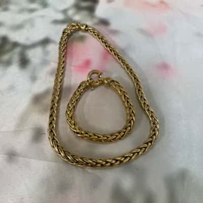 Heavy Gold Tone Wheat Chain Necklace & Bracelet Set. 136g