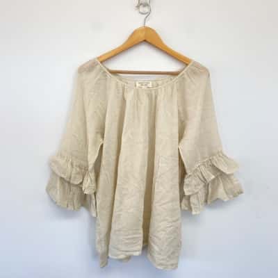Orientique Naturally Beige Long Sleeve Ruffle Top Size 14 