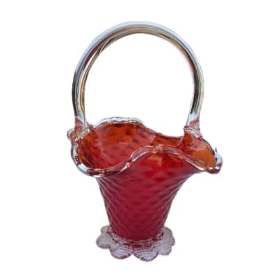 Vintage Murano Red Glass Basket Gold Detailing