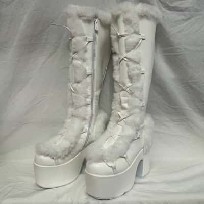DEMONIA CAMEL Size 8 Platform Boots White 
