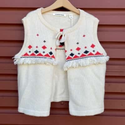 Country Road Girls Size 10-11 Black & Red Pattern Cream Tassle Knit Vest