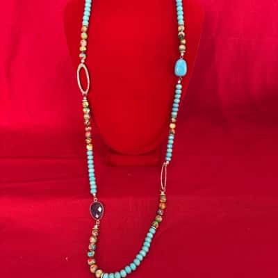  Women's Long Beaded Necklace featuring a Combination of Turquoise Beads, Multi Coloured Pattern Beads & Silver Tone Textured Links