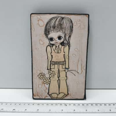 Vintage 1970s Big Eye Girl Art Wood Wall Plaque Anne Millson Retro 26cm