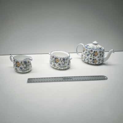 Minton Haddon Hall Blue 3 Piece Tea Set Teapot Sugar Bowl Creamer Bicentenary