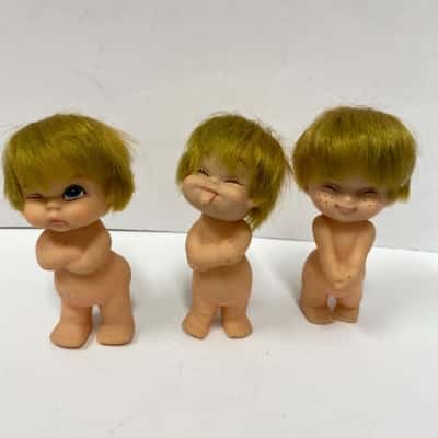 Vintage 1960s Moody Cuties Vinyl Dolls Lot of 3 Kitsch Expressions Japan Korea