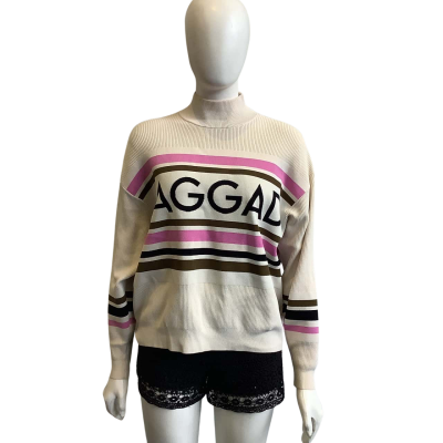 Jaggad Women's Size S Ribbed Jumper Cream with Brown & Pink Trim 