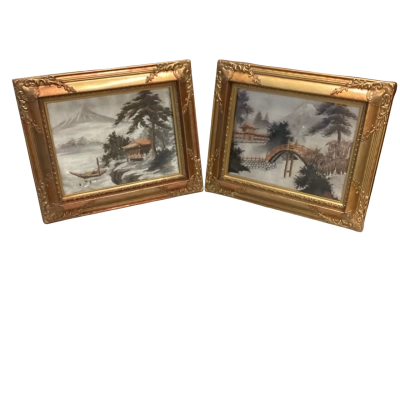 Japanese Silk Embroided Landscape x 2 - Framed