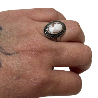 Vintage Sterling Silver & Marcasite Cameo Ring