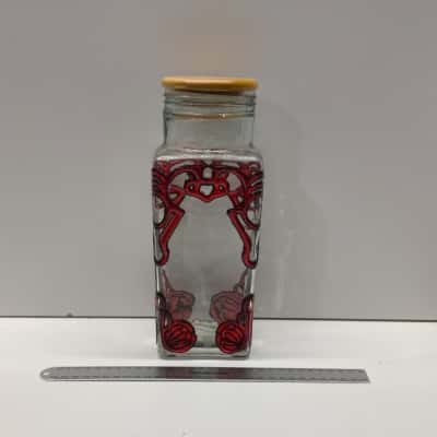 Art Nouveau Style Painted Glass Storage Jar Canister Wooden Lid Decor