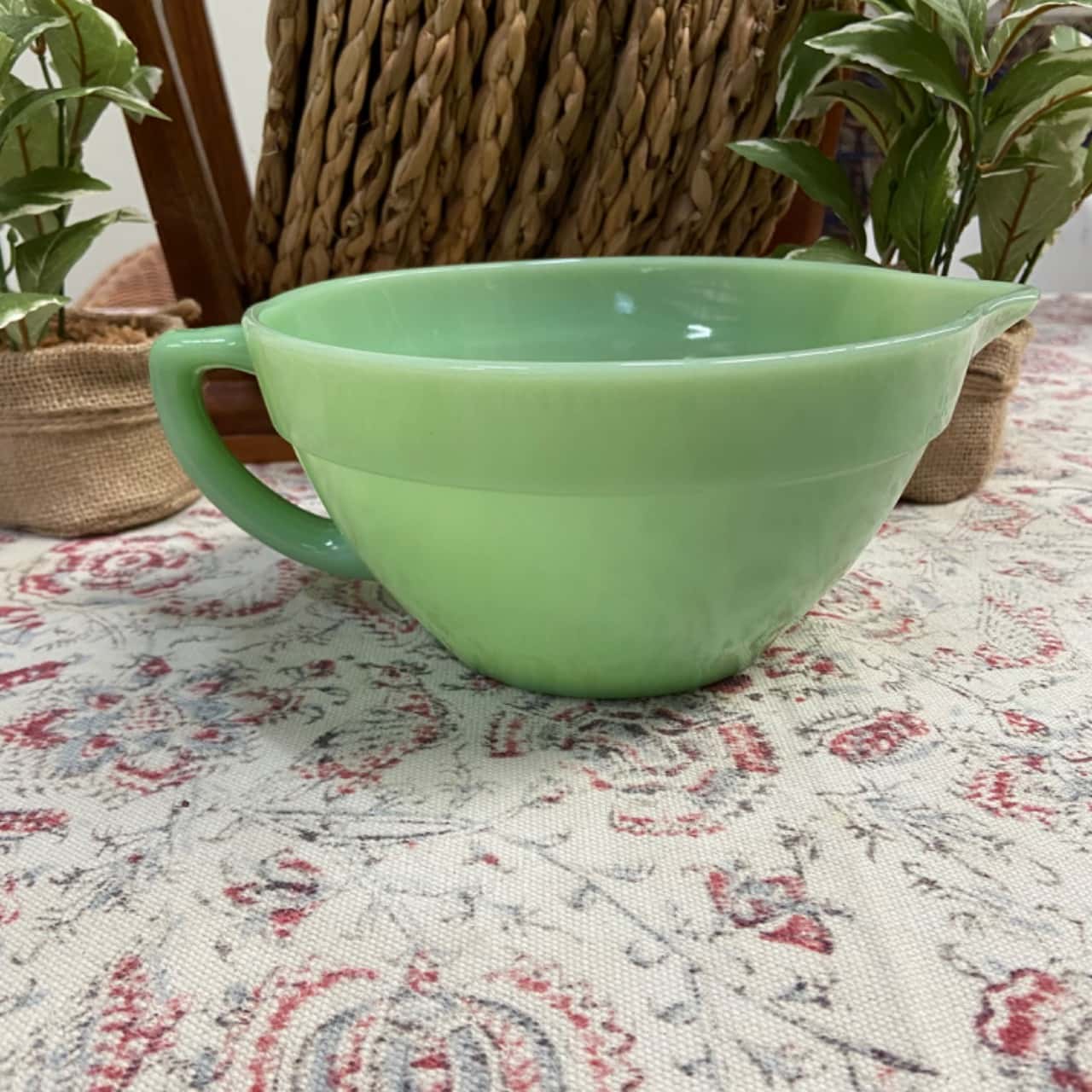 1950s FireKing Jadite Green Glass Mixing Bowl with handle and spout(s)