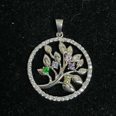  Sterling Silver 925 Tree Pendant Set With Multicoloured Stones