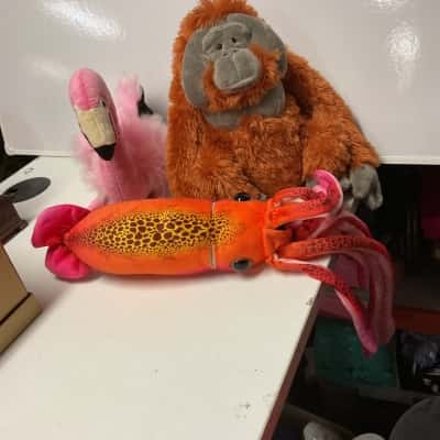 3 x Wild republic plush animals Giant squid ,orangutan and flamingo
