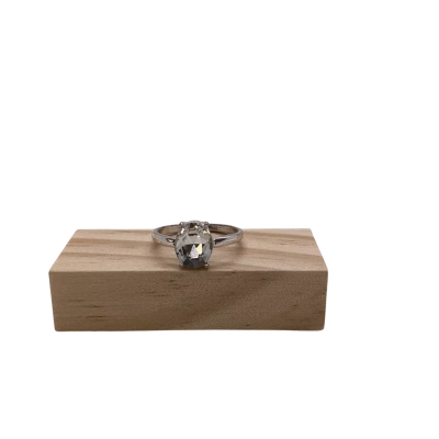 Silver Tone Oval Crystal Solitaire Ring Clear Faceted Stone