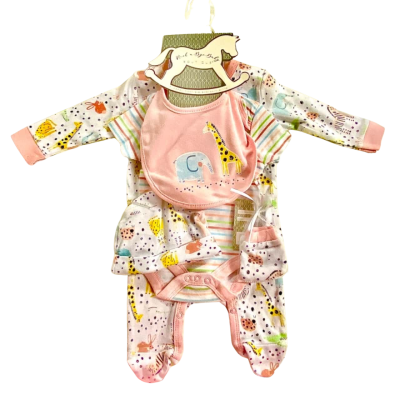Size 0-3m Animal Print, Pink / White Set (Sleepsuit, Hat, Bib, Bodysuit, Mitts)