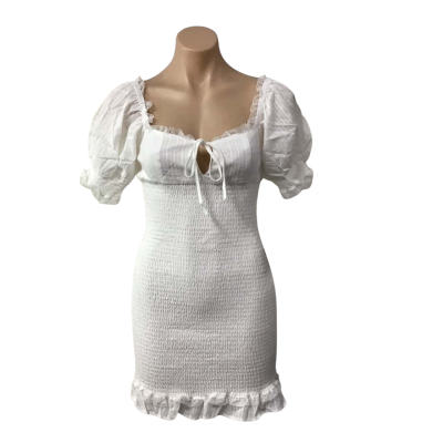 Ownley Womens Size M White Self Pattern Shirred Short Sleeve Mini Dress(new)