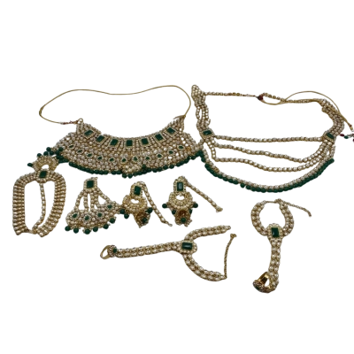 Gold Plated Indian Bridal Kundan Jewellery Set with Emerald Green Stones