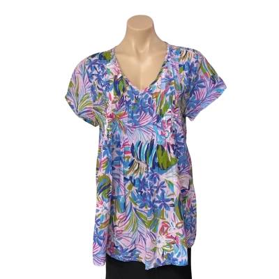 One Summer Womens Size 14 Multicoloured Floral V-neck Short Sleeve Top 