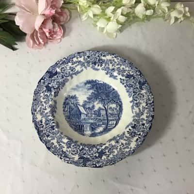 Vintage Johnson Bros Mill Stream Blue & White Pattern Rimmed Bowl