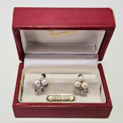 Vintage Sterling Silver Cultured Pearl Earrings from Toyomoto.
