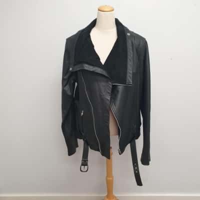 Dormeuil England Classy Black Leather with Suede Collor Buckle Sides Zips Bomber Jacket Size 12 