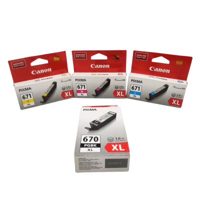 Genuine Canon Pixma 671 Y, M, C XL Ink Cartridges Plus 670 PGBK XL Cartridge - See Pics For Printer Compatibility  (brica1)