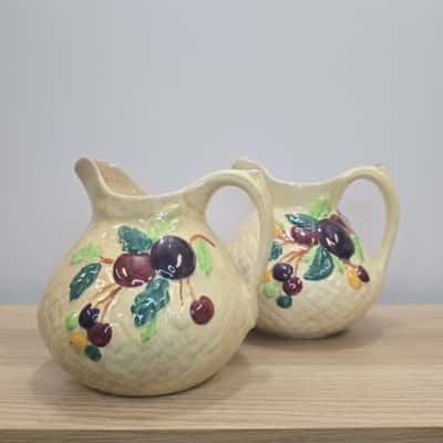 Vintage Crown Devon Hand-Painted Fruit & Grape Pottery Jugs (Pair)