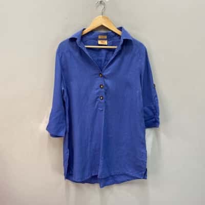 R.M. Williams Womens  Size M Regular Fit 100% Linen 3/4 Sleeve Shirt Blue 