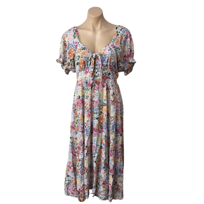 Salty Bright Womens Size 10 Multicoloured Floral Tie Front Short Sleeve Midi Dress