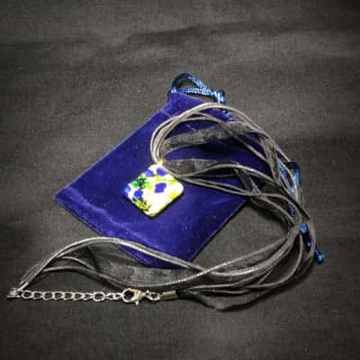 Timeless Elegance Vibrant Lime Green Navy & Gold Murano Glass 2cm Square On Cord & Silk Necklace 48cm In Velvet Gift Bag