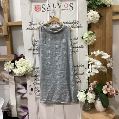  Womens  Size XL Midi Dress Grey! STUNNING MADE IN ITALY 100% LINEN DRESS! FEATURING POLKA DOTS ON THE TOP HALF! ROLL NECK AND POCKETS! VERY LIGHTWEIGHT!