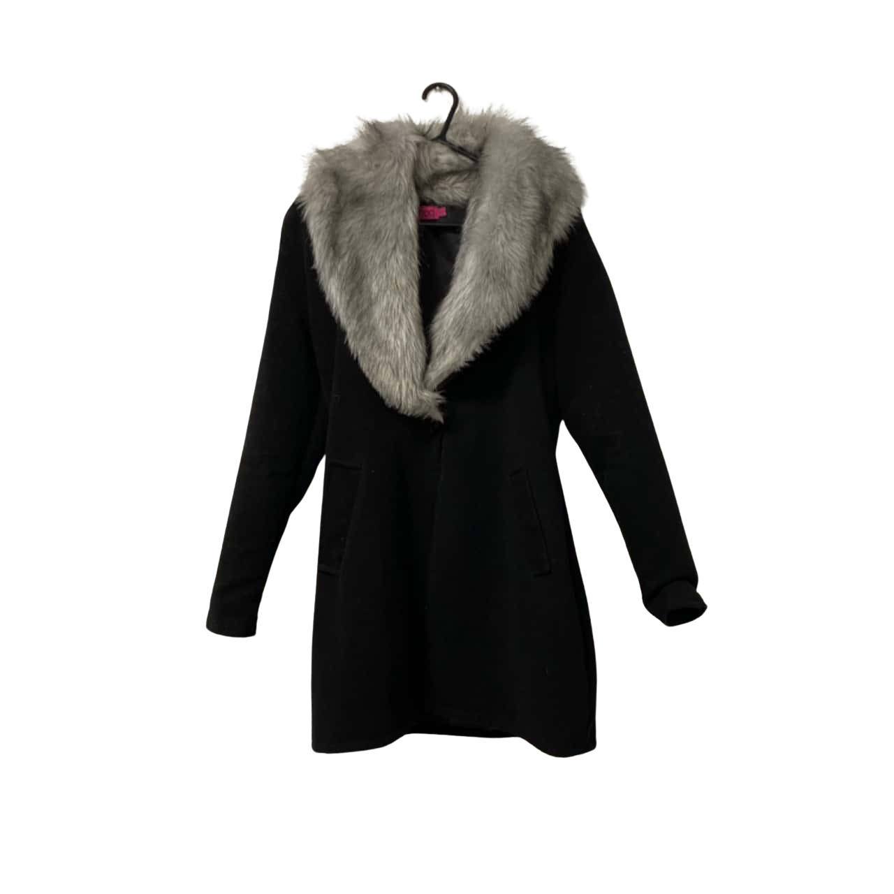 Women’s Boohoo Size 12 Black jacket with a grey faux fur collar (s)
