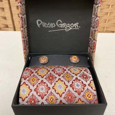 Pietro Gregori 100% Silk Necktie Cufflinks Gift Set Wedding Formal Male Birthday Retro Tie Dad Father 