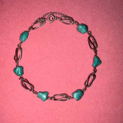 Ladies Silver 925 Stamped Bracelet w/ Turquoise Stones - EUC