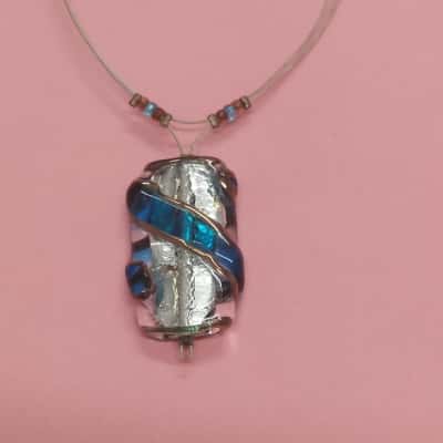 Glass Pendant Necklace - Blue and Silver