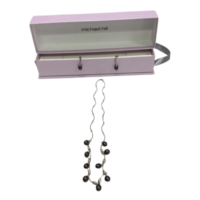 Michael Hill 925 Silver Necklace & Earrings With Black Freshwater Pearls Set - New In Box