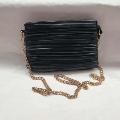 Billini Black Evening Bag with Wave Pleat Detail & Gold Tone Chain Shoulder Strap