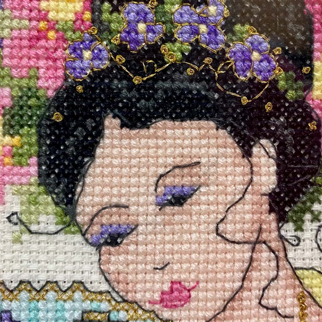 Stunning Japanese Lady Cross Stitch Framed behind Glass 44cm x 34cm (s)