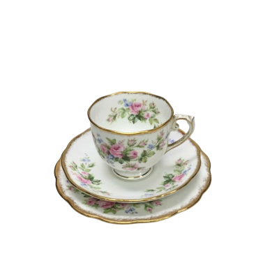 Vintage Roslyn Fine Bone China Moss Rose Teacup Trio With Gold Trim